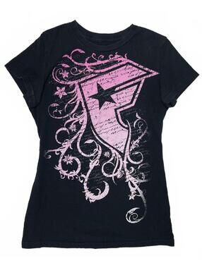 Y2K Famous Stars & Straps Women's Black T-Shirt Pink Graphic Logo USA Made Sz S